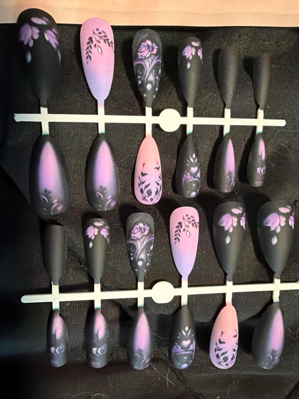 Handmade Matte Black and Pink Floral Press-On Nail Set